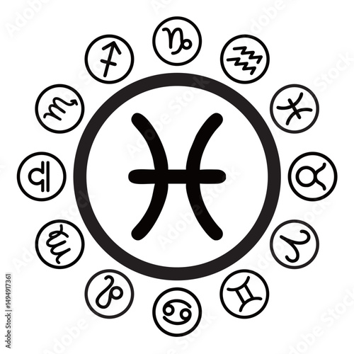 PISCES zodiac symbol in black with a round frame with twelve other zodiac signs around it.