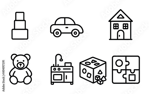 Children's toys outline icons set – playful, fun, kindergarten symbols