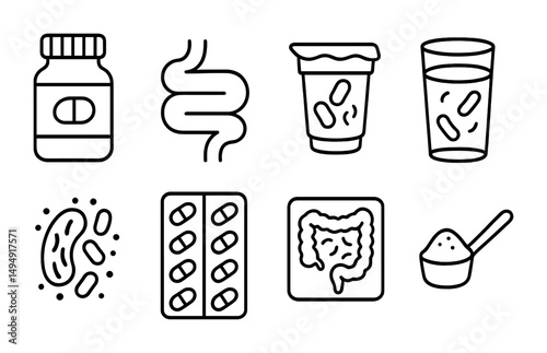 Gut health outline icons set – flat, digestive, and probiotic symbols
