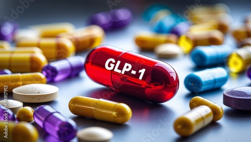 Close up shot of glp-1 red capsule surrounded by various colorful pills on a dark surface