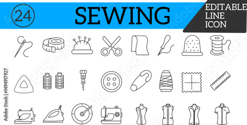 Sewing and Tailoring Line Editable Icons Set. Vector Illustration in Modern Thin Line Style of Sewing Tools: Needle, Thread, Machine, and More. Pictograms and Infographics.