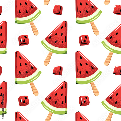 Watermelon ice cream seamless pattern. Flat popsicle on stick with fresh slices. Summer textiles, kids wallpaper, party decor, frozen treat packaging. Vector illustration.