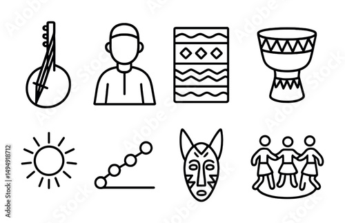 Traditional africa outline icons set – tribal art, culture, ethnic symbols