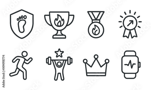 Fitness and achievement line icons set – outline, training and success symbols