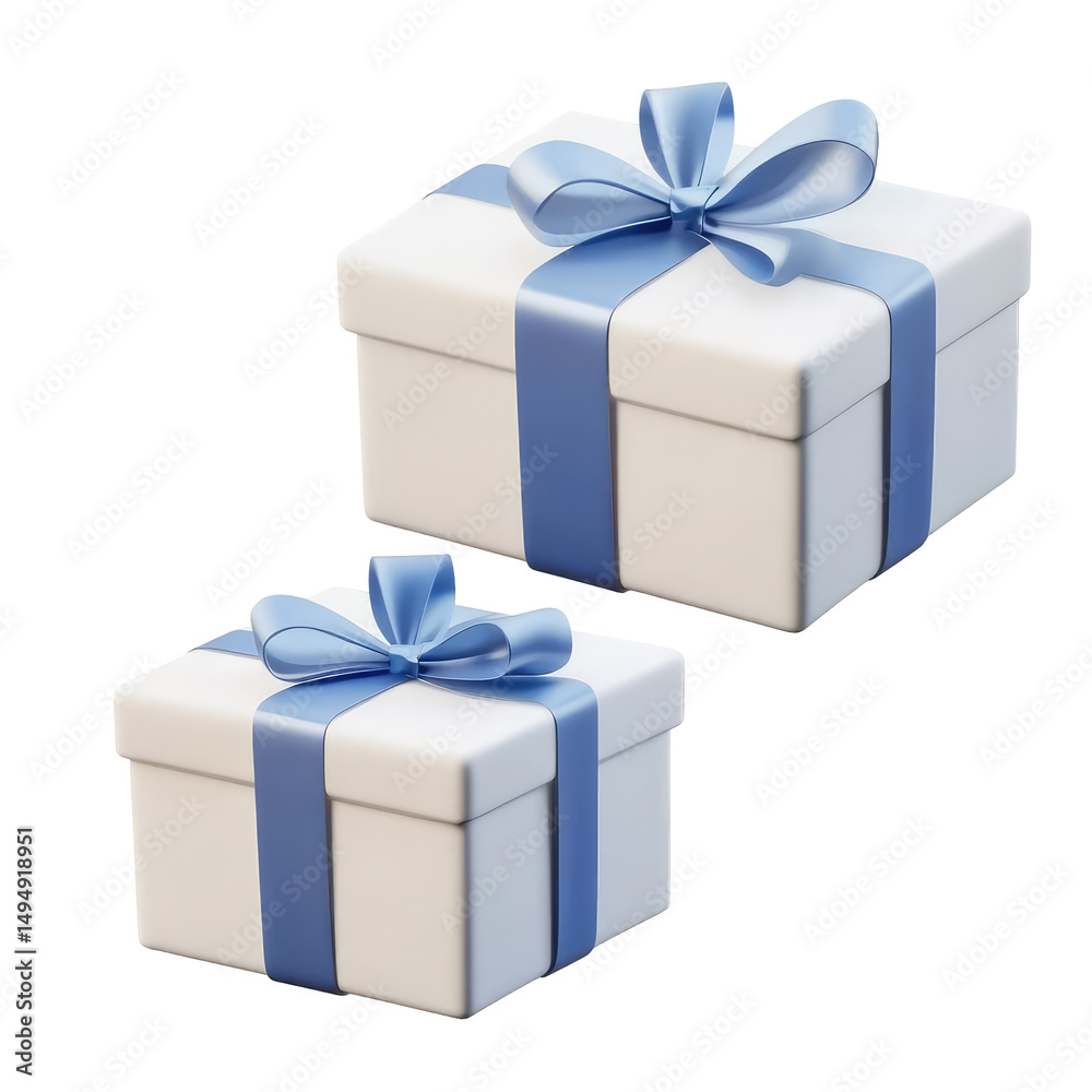 Fototapeta premium Two white gift boxes with blue ribbons and bows stacked on top of each other on a black background