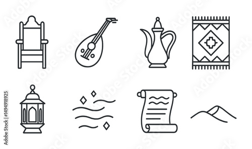 Middle eastern culture outline icons set – linear, traditional, heritage symbols