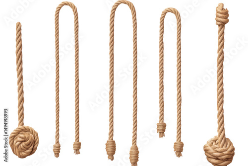 A collection of various lengths of brown rope hanging down with knots on a black background isolated shot