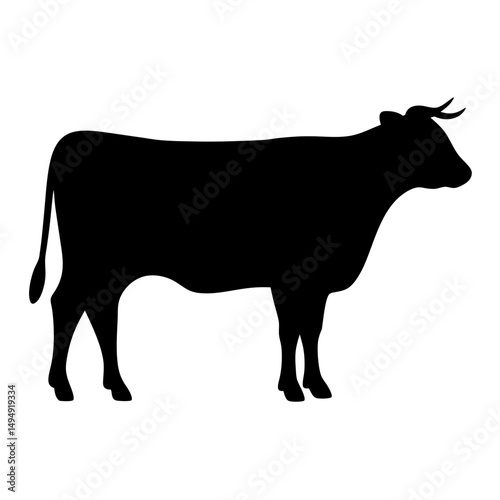 Black Silhouette of a Horned Cow Standing on a White Background