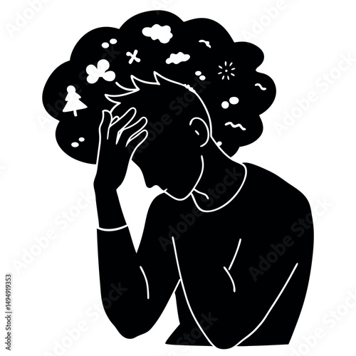 Mind Maze: A silhouette figure of a person is enveloped by a thought bubble, filled with abstract symbols symbolizing the complexities of thoughts, emotions, and the human mind.