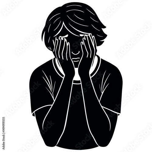 Silent Tears: A monochrome depiction of profound sorrow, an individual encapsulates the essence of grief and despair. This illustration captures a silent struggle. 