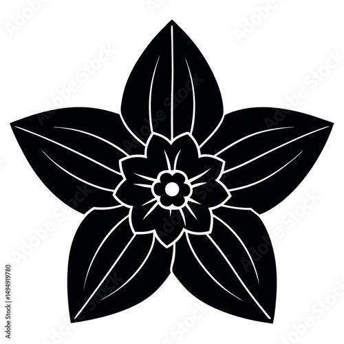 Ornate Floral Silhouette: An elegant black and white silhouette of a meticulously designed, five-petaled flower, offering a stark yet refined aesthetic for creative applications.