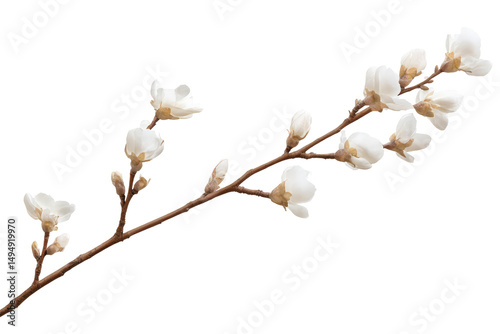 A delicate branch adorned with pristine white blossoms against a stark black background creating contrast