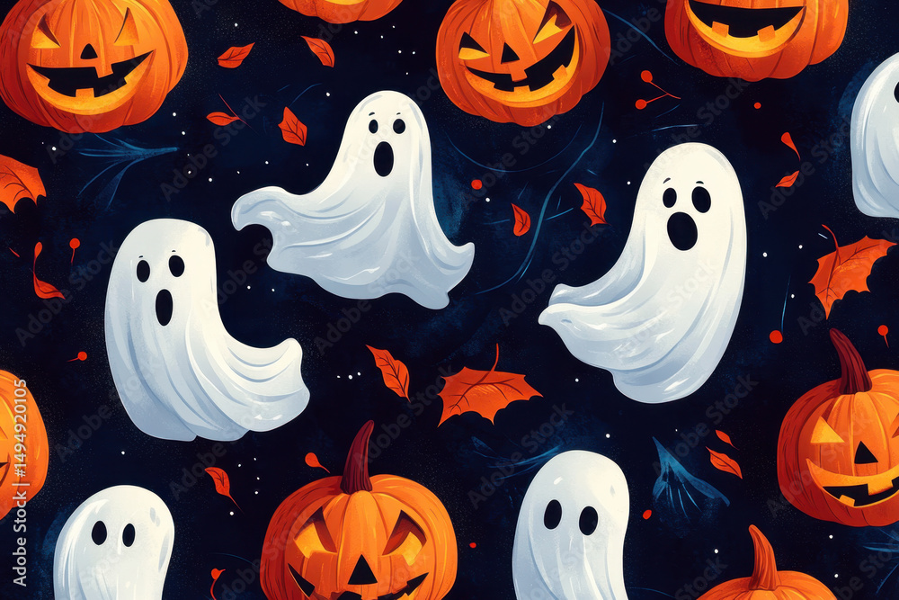Halloween seamless pattern with ghosts and pumpkins on a dark background. Halloween seamless pattern with ghosts and pumpkins on a dark background.