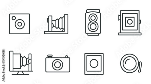 Vintage camera outline icons set – linear, classic, photography symbols