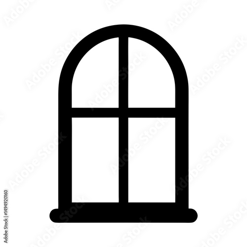 Simple four pane arched window icon in black and white illustration