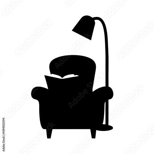 Silhouette illustration of armchair, reading book and floor lamp for relaxation