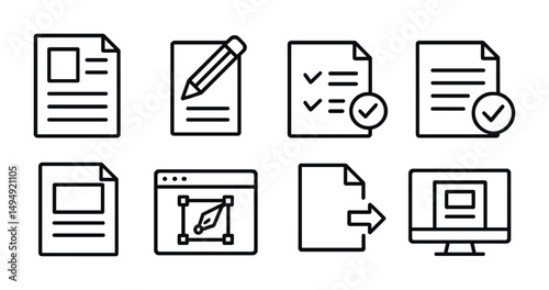 Document and file outline icons set – linear, silhouette, paperwork and organization symbols
