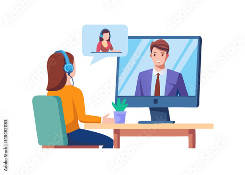 Online job interview concept. Vector illustration in a modern flat style of a young man in headphones who communicates with a female colleague via video call on a computer.