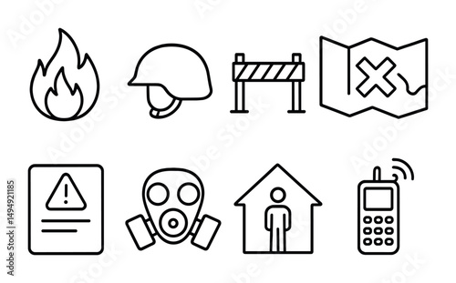 Emergency and safety outline icons set – linear, warning, protection symbols