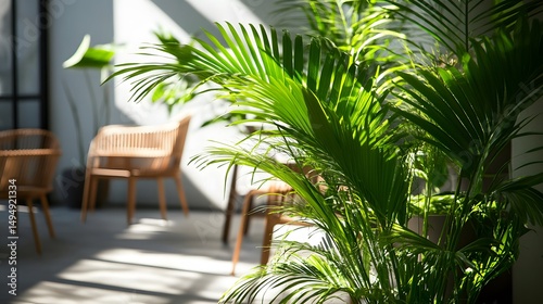 Interior scene of a sunlit room with lush plants and furniture.