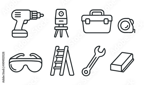 Construction tools outline icons set – linear, line, building and repair symbols