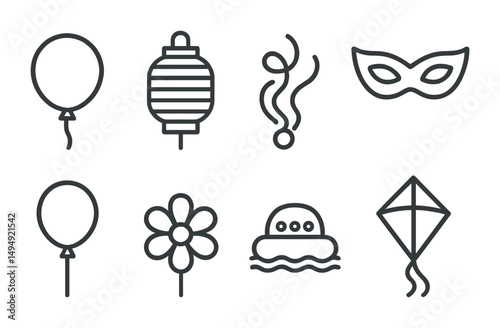 Festive icons collection featuring balloons, masks, and lanterns for celebration design