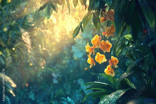 Sunlit orange orchids bloom in a lush, tropical rainforest, showcasing vibrant greenery and dewy leaves.