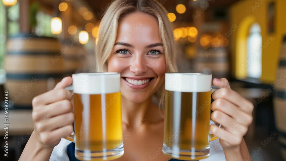 Woman Holding Beer Glasses - Cheerful Blonde Female with Two Pints in Pub Setting for Beverage Marketing and Social Gathering Content Woman Holding Beer Glasses - Cheerful Blonde Female with Two Pints in Pub Setting for Beverage Marketing and Social Gathering Content