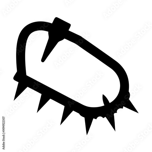 Stylized depiction of an ice climbing crampon in solid black silhouette