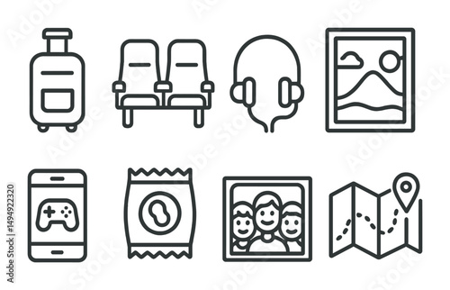 Travel and tourism outline icons set – solid, linear, vacation planning symbols