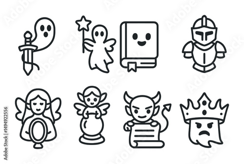 Mythical creatures outline icons set – flat, fantasy and magical character symbols
