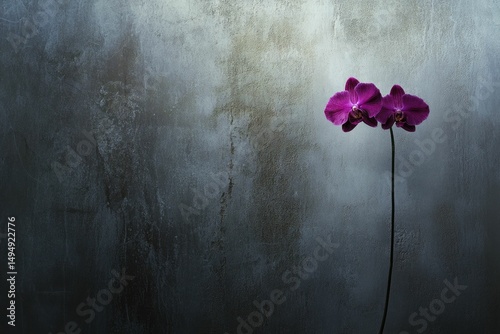 A single stem of vibrant purple orchids gracefully stands against a textured gray background.