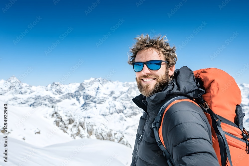 Hiker in snowy mountains with clear sky Hiker in snowy mountains with clear sky