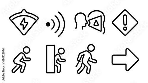 Safety and warning outline icons set – hazard, alert, emergency symbols