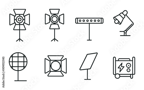 Photography equipment line icons set – silhouette, linear, camera and lighting gear