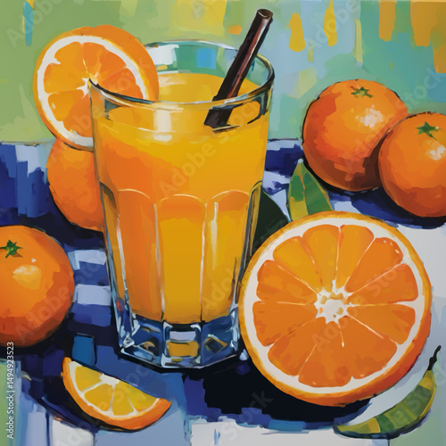 glass of orange juice and fruits vector illustration