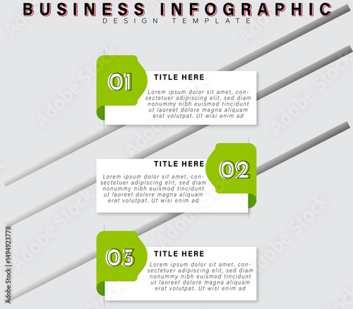 Three-Step Business Infographic with Light Green Rectangular Boxes, Dark Green Labels, 3D Effect, Workflow Guide, Process Diagram, Strategy Visualization, Editable Vector, Presentation, Marketing