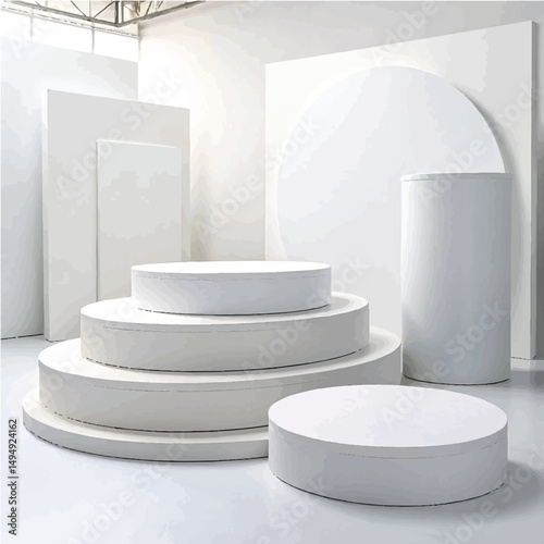 Modern white podium display with layered round platforms in minimalist studio setting