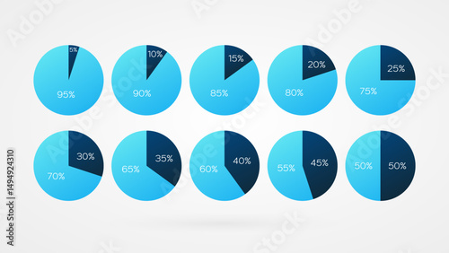 5 10 15 20 25 30 33 35 40 45 50 55 60 65 70 75 80 85 90 95 percent pie charts. Vector percentage infographics. Circle diagrams isolated. Illustrations for business, finance, report