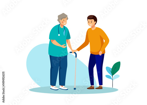 Elderly people support. Vector illustration of senior woman with walking stick and a young male nurse