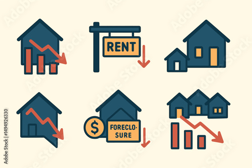 Real estate and property flat icons set – economic, housing, market symbols