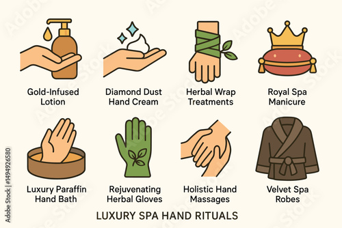 Luxury spa hand rituals icons set – flat, outline, wellness and beauty symbols