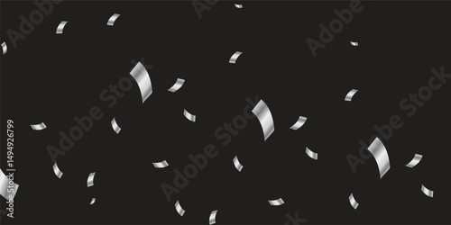 Dark Background Elegance: Seamless Silver Confetti and Twisting Ribbons for Modern Event Branding and Design. Floating Silver Streamers and Confetti in an Endless Loop on Black Background