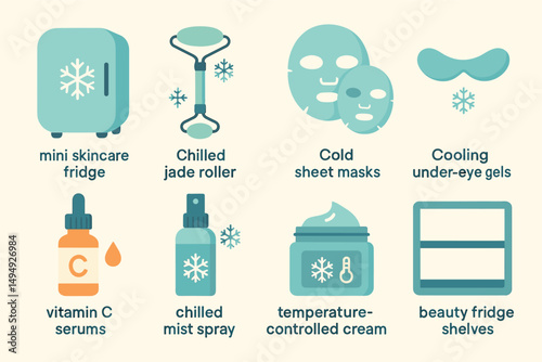 Beauty and skincare flat icons set – wellness, cosmetic, cooling essentials