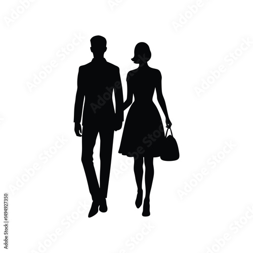 Elegant Couple Silhouette Walking Hand-in-Hand, Fashionable and Stylish