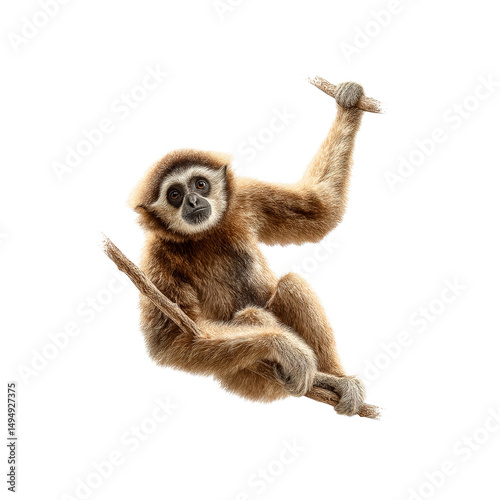 Adorable Lar Gibbon Hanging on Branch, Isolated on White