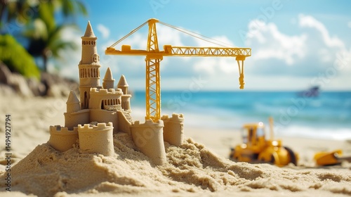 A sandcastle construction site with a crane and bulldozer on a sunny beach by the ocean water photo