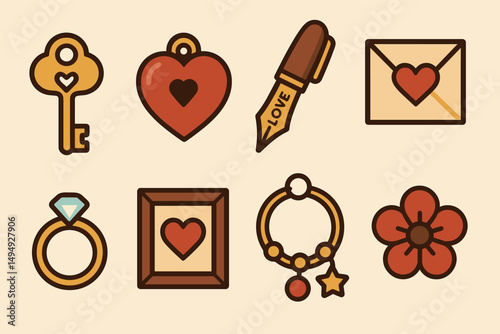 Love and romance icons set – flat, outline, affection and valentine symbols
