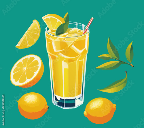 glass of lemonade and fruits cartoon vector