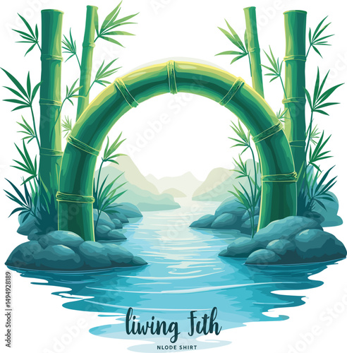 Serene bamboo archway over tranquil stream landscape